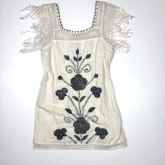 Free People Cotton Linen Embroidered Crochet Fringe Hippy Boho Dress, Sz. 8 - Picture 3 of 13